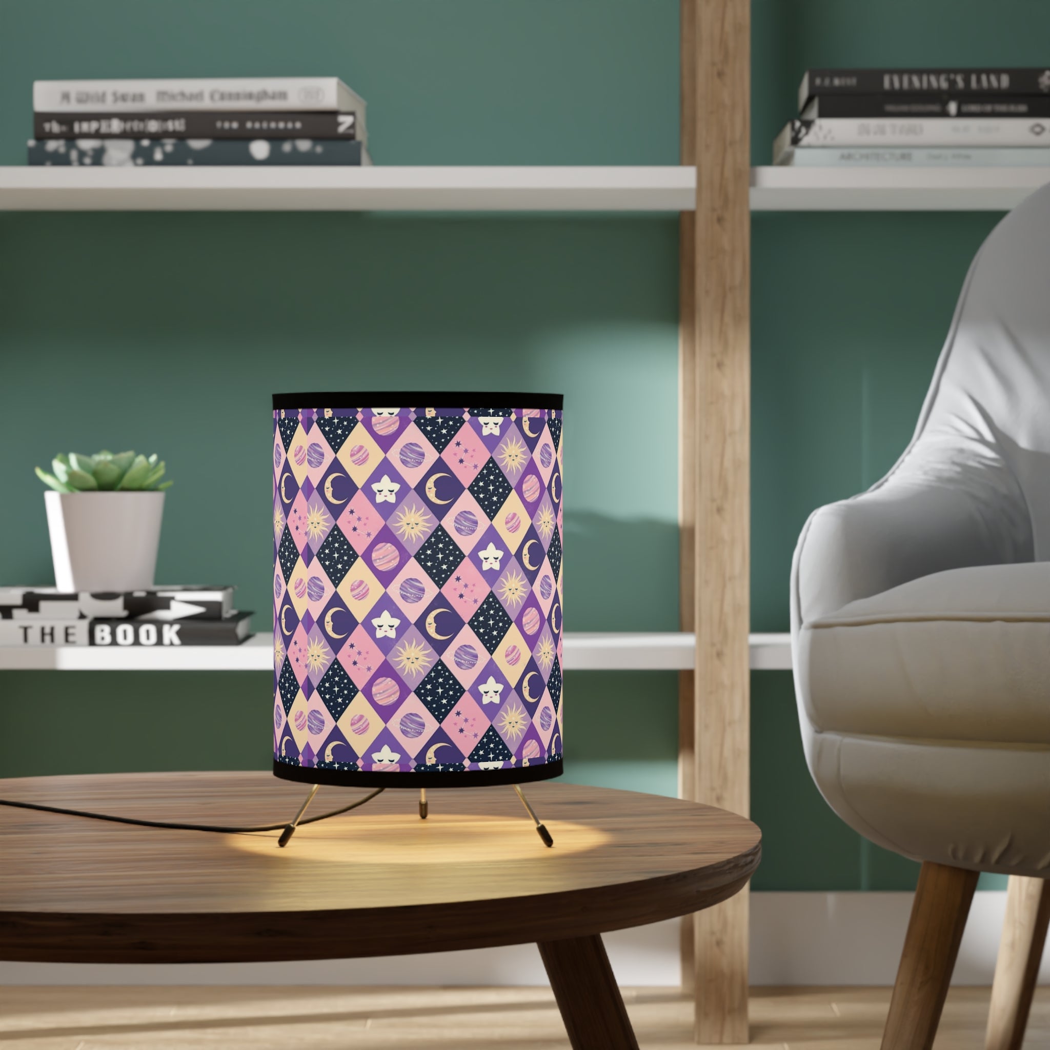 Celestial Diamond Pattern Tripod Lamp — Purple Moon & Star Printed Shade