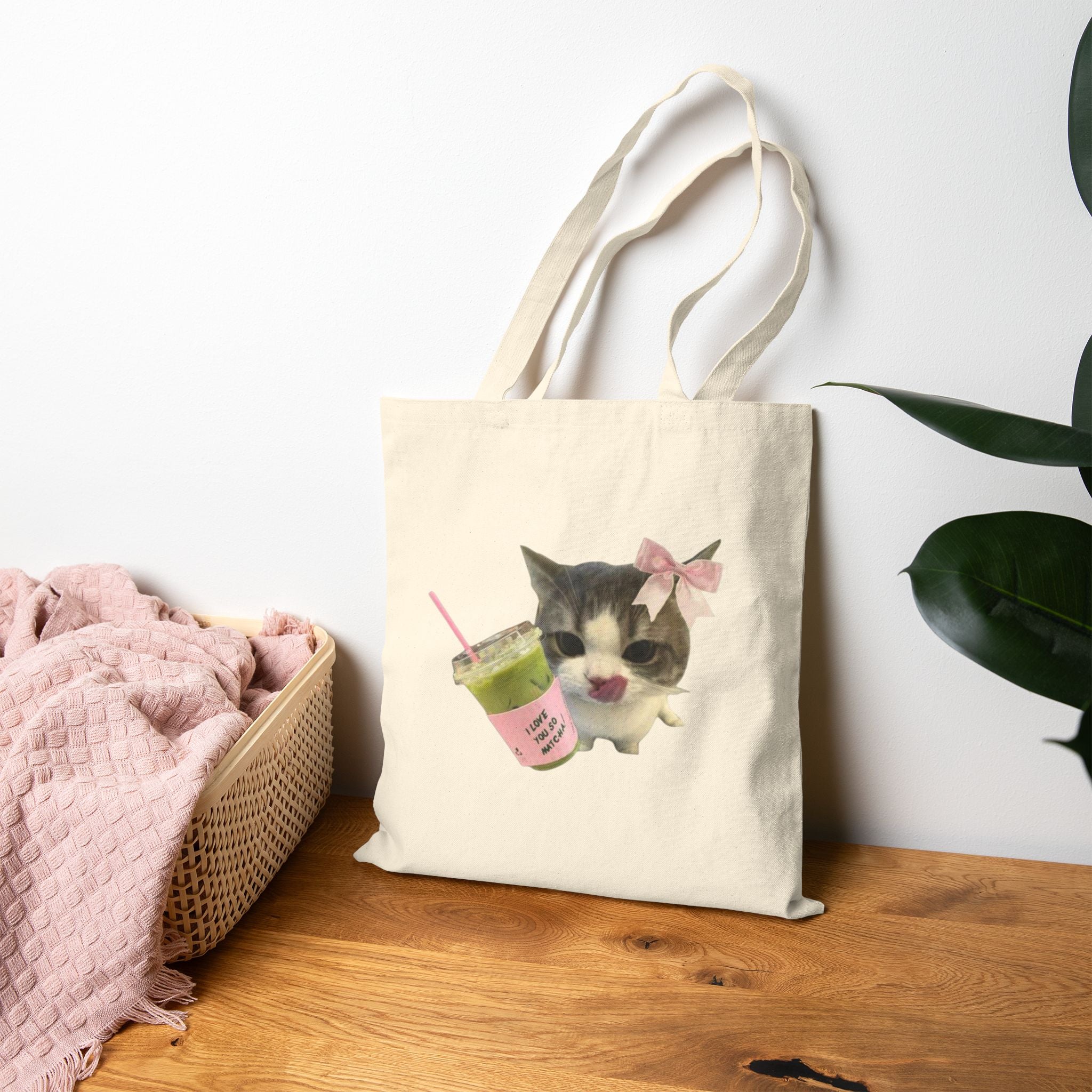 Canvas Tote Bag - Matcha Latte Kitty Design