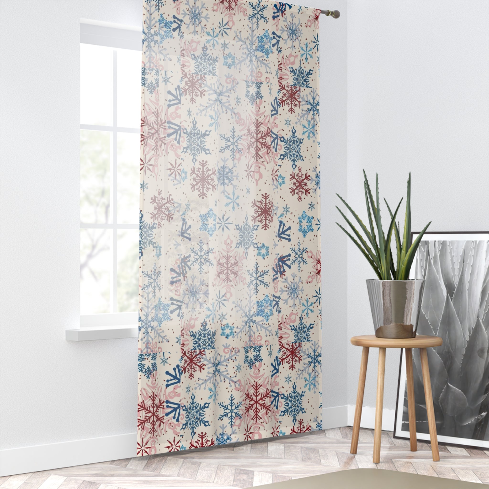Snowflake Sheer Window Curtain — Red & Blue Winter Holiday Decor