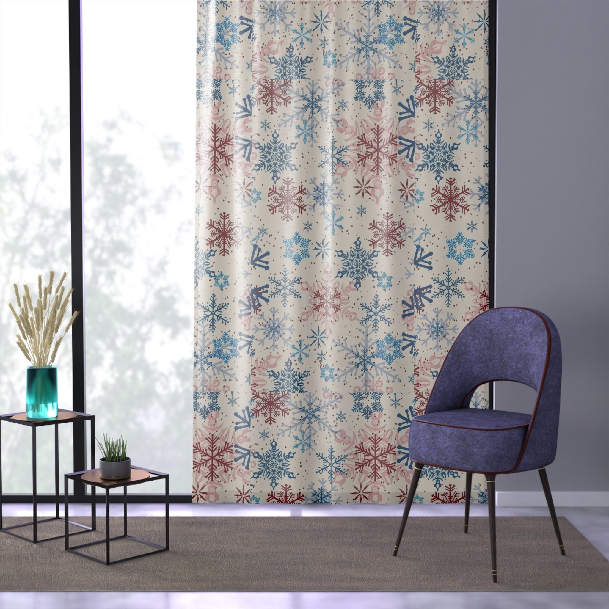Snowflake Sheer Window Curtain — Red & Blue Winter Holiday Decor