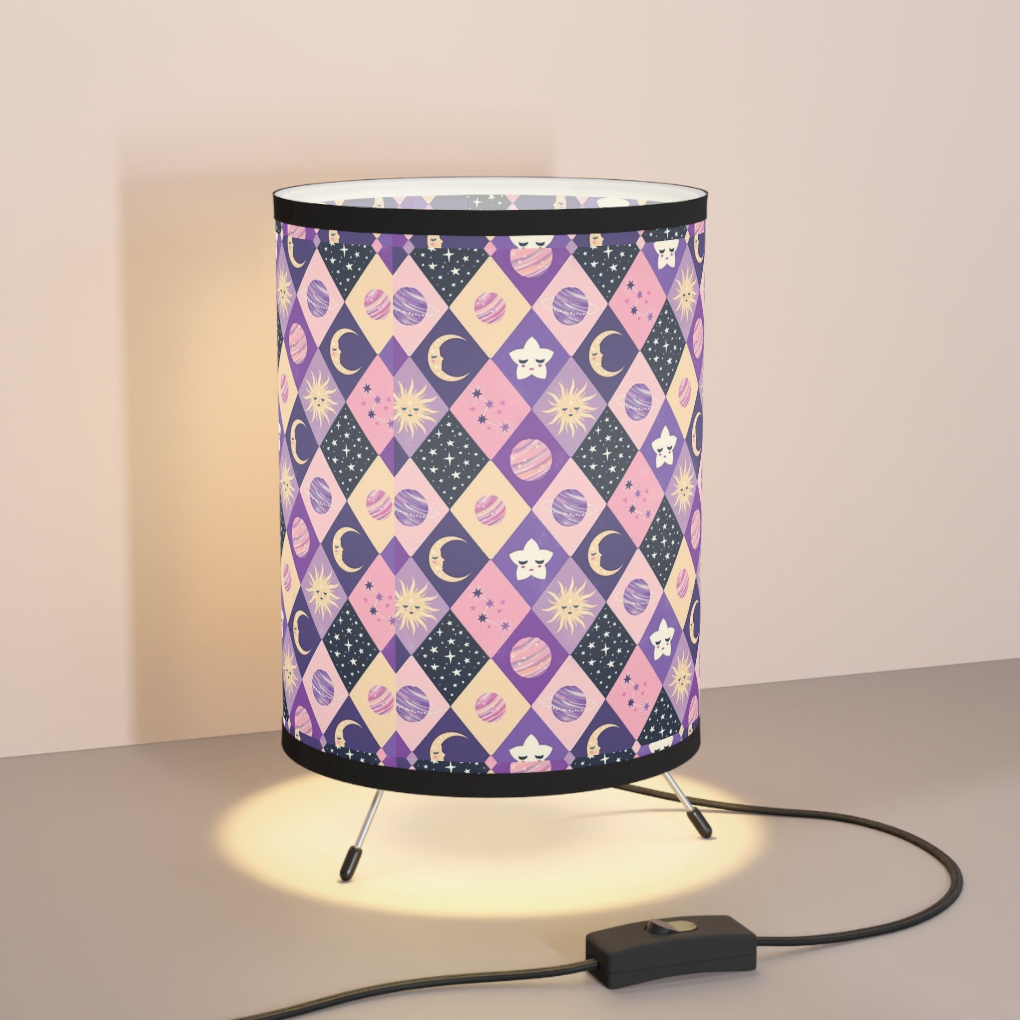 Celestial Diamond Pattern Tripod Lamp — Purple Moon & Star Printed Shade