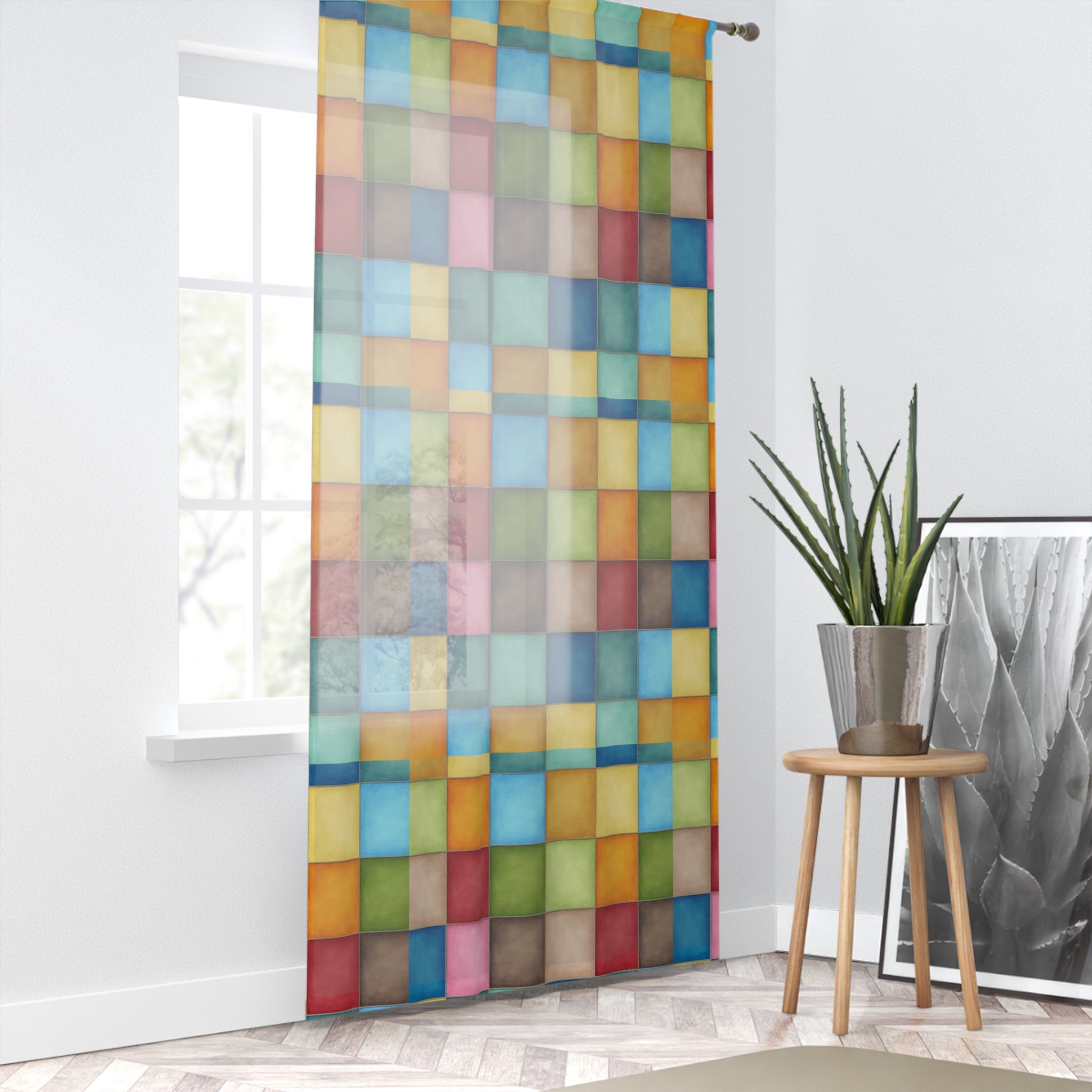 Colorful Mosaic Sheer Window Curtain — Geometric Stained-Glass Panels