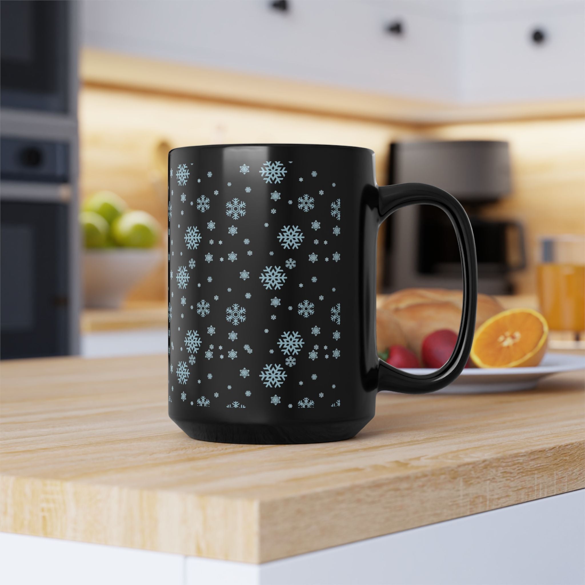 15oz Black Mug with Cozy Snowflake Design