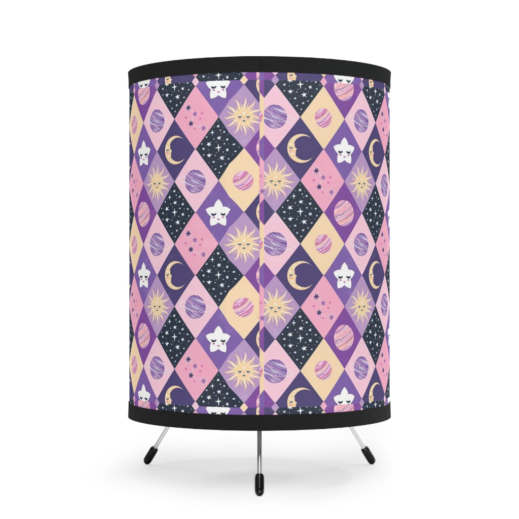 Celestial Diamond Pattern Tripod Lamp — Purple Moon & Star Printed Shade