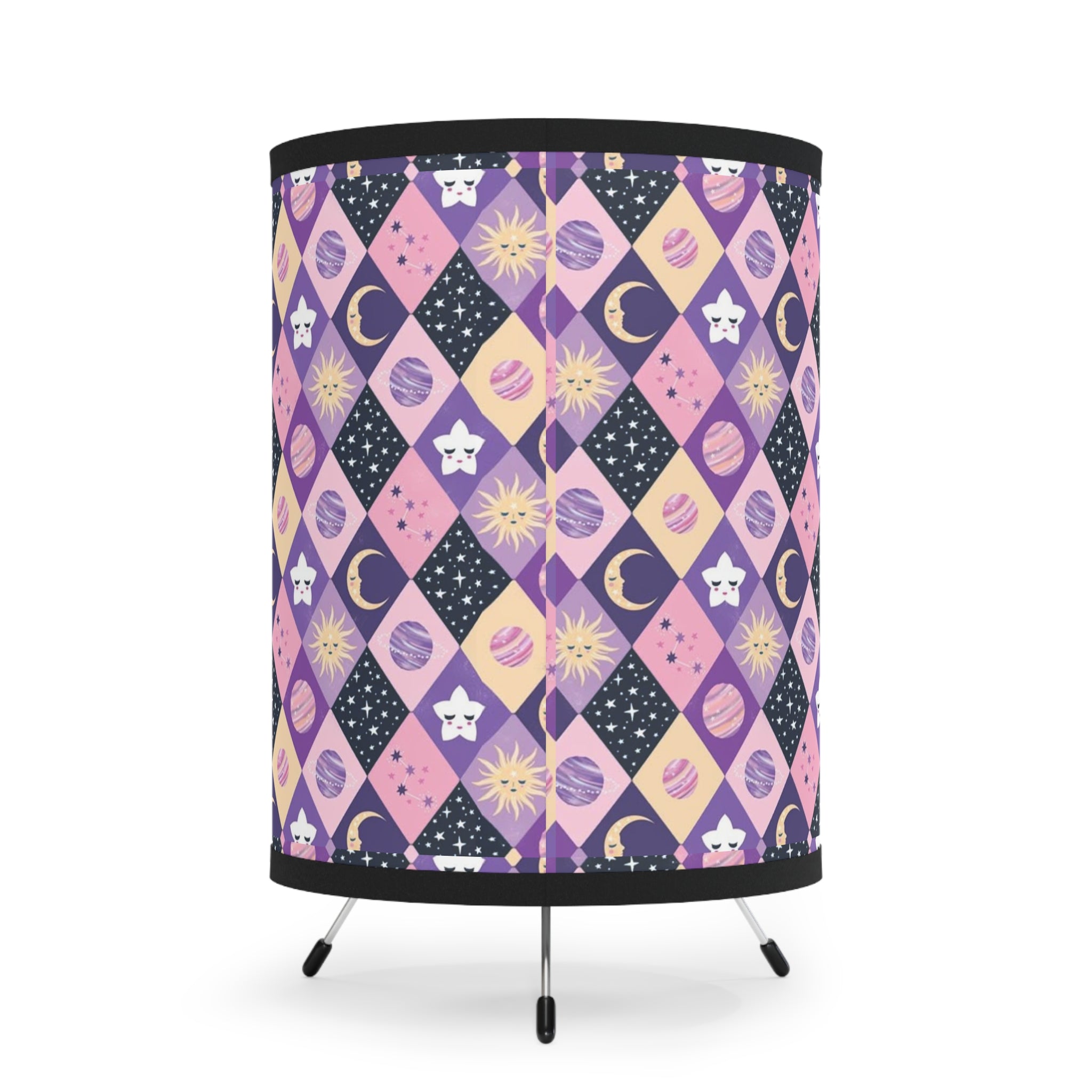 Celestial Diamond Pattern Tripod Lamp — Purple Moon & Star Printed Shade