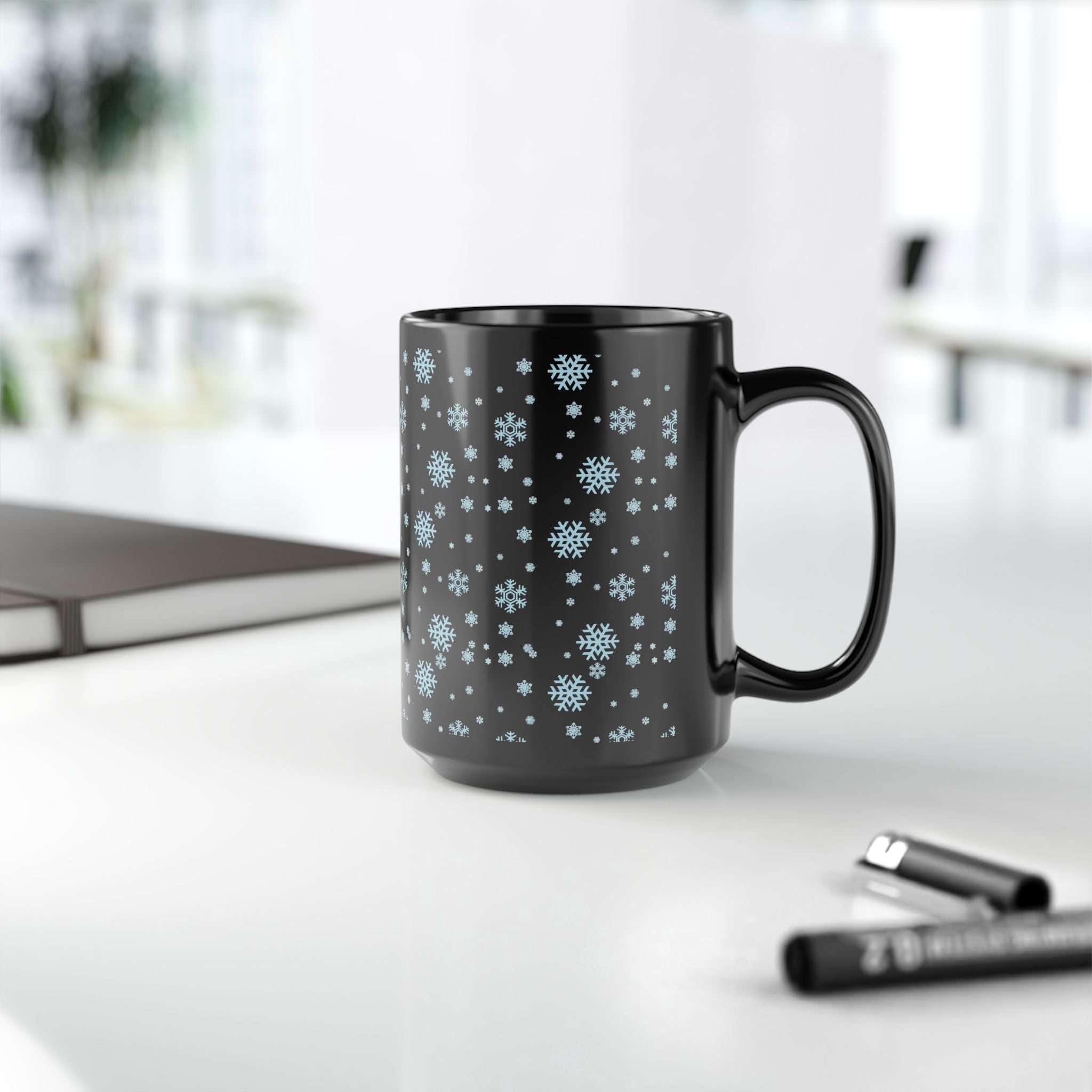 15oz Black Mug with Cozy Snowflake Design