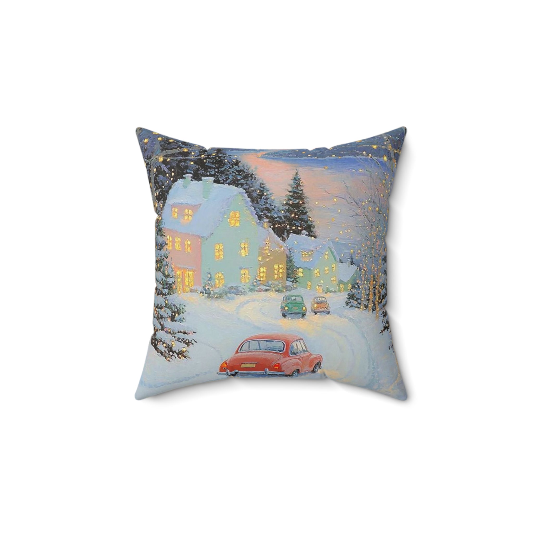 Vintage Winter Village Pillow – Cozy Snowy Night Car Scene Decorative Throw Pillow