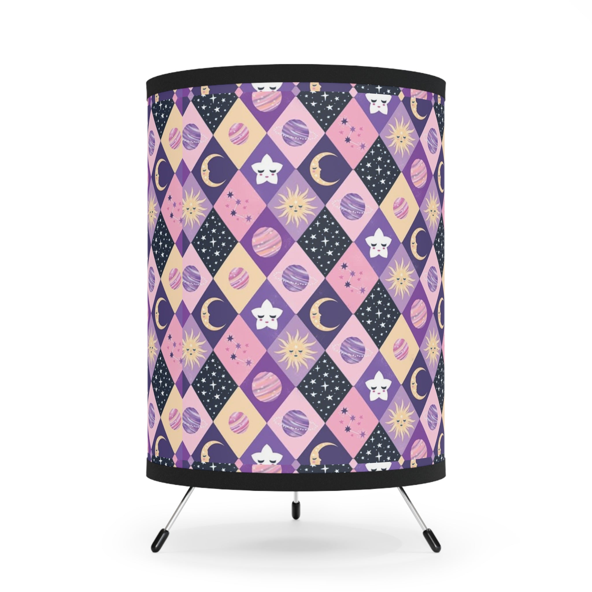 Celestial Diamond Pattern Tripod Lamp — Purple Moon & Star Printed Shade