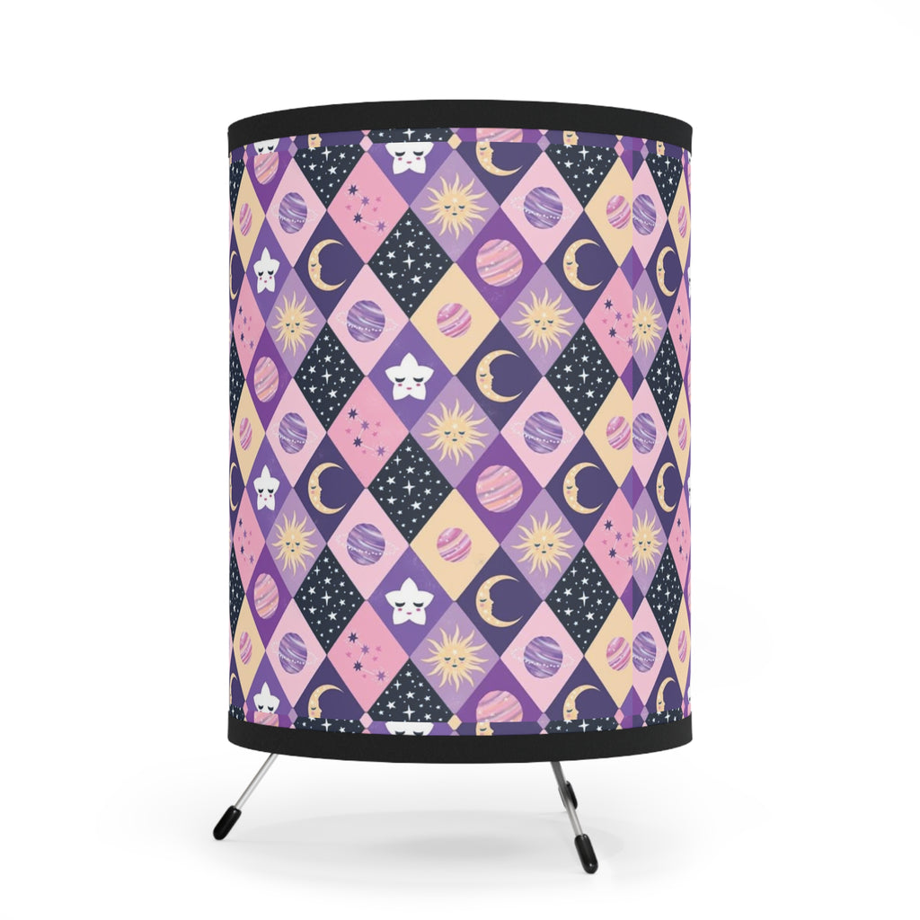 Celestial Diamond Pattern Tripod Lamp — Purple Moon & Star Printed Shade