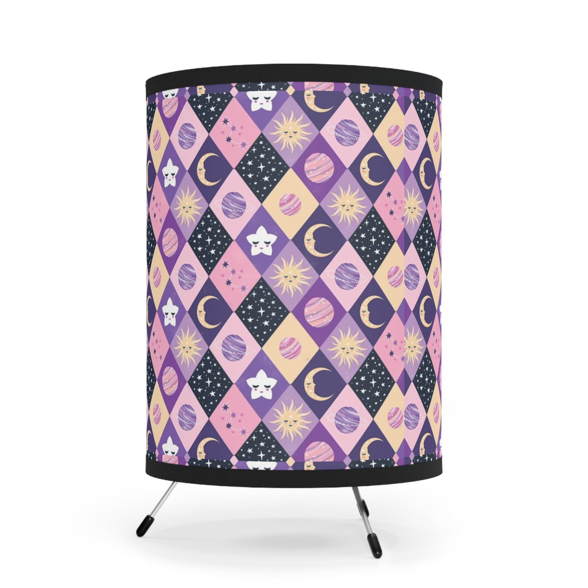 Celestial Diamond Pattern Tripod Lamp — Purple Moon & Star Printed Shade