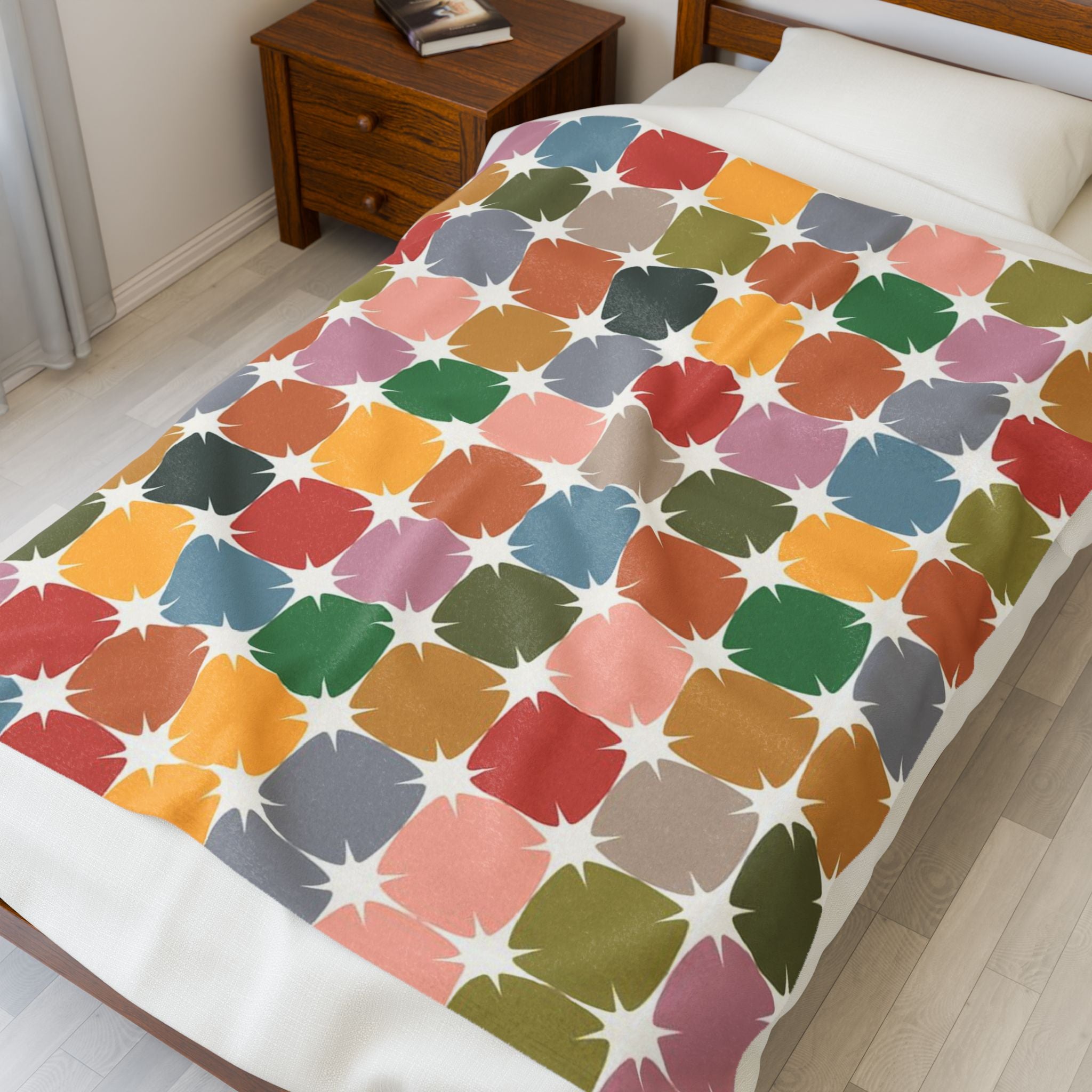 Retro Color Block Velveteen Plush Blanket — Cozy Mid-Century Throw