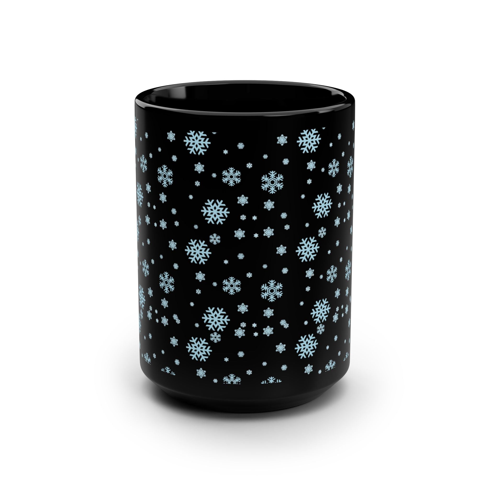 15oz Black Mug with Cozy Snowflake Design