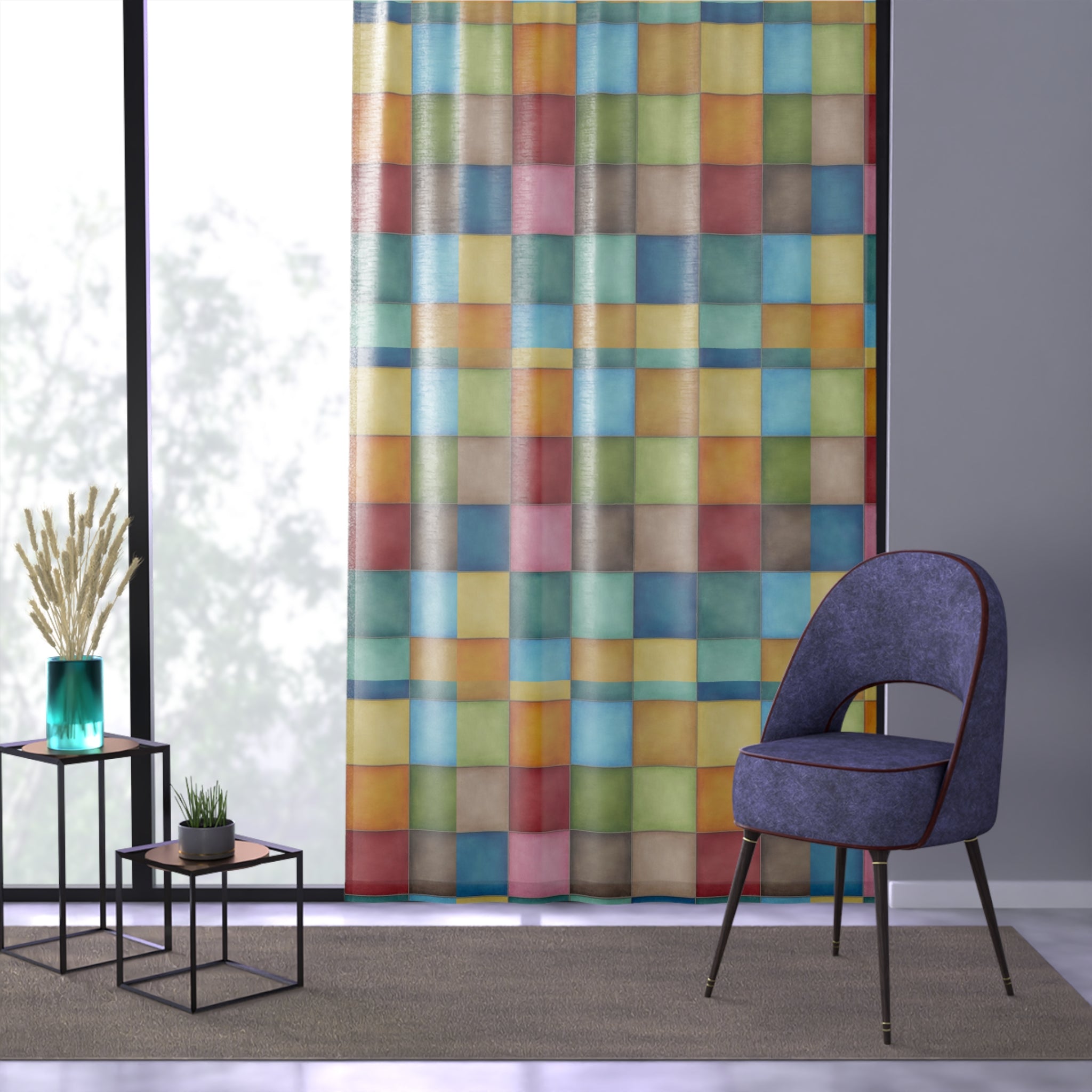 Colorful Mosaic Sheer Window Curtain — Geometric Stained-Glass Panels
