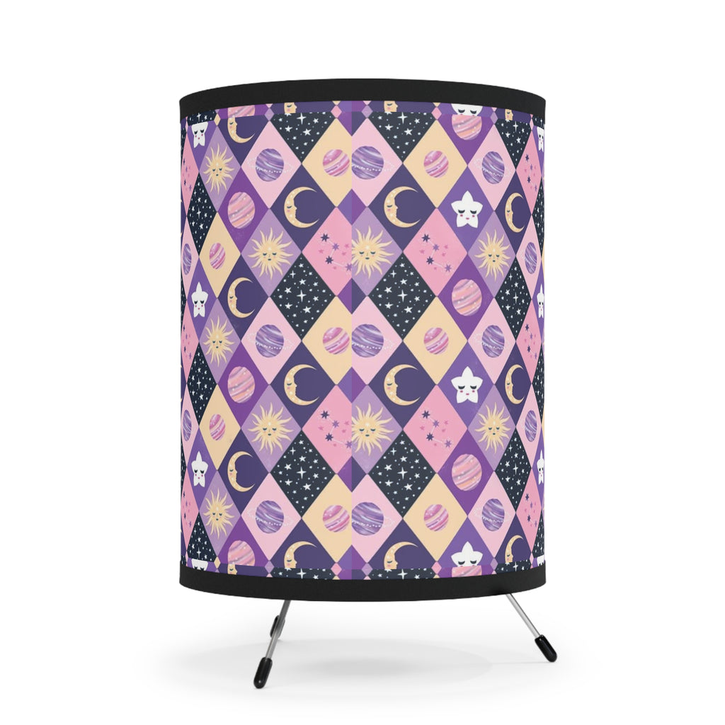 Celestial Diamond Pattern Tripod Lamp — Purple Moon & Star Printed Shade