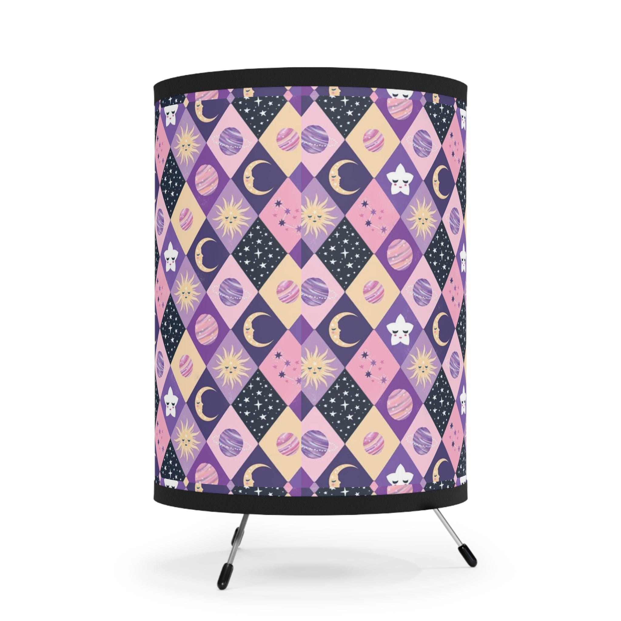 Celestial Diamond Pattern Tripod Lamp — Purple Moon & Star Printed Shade