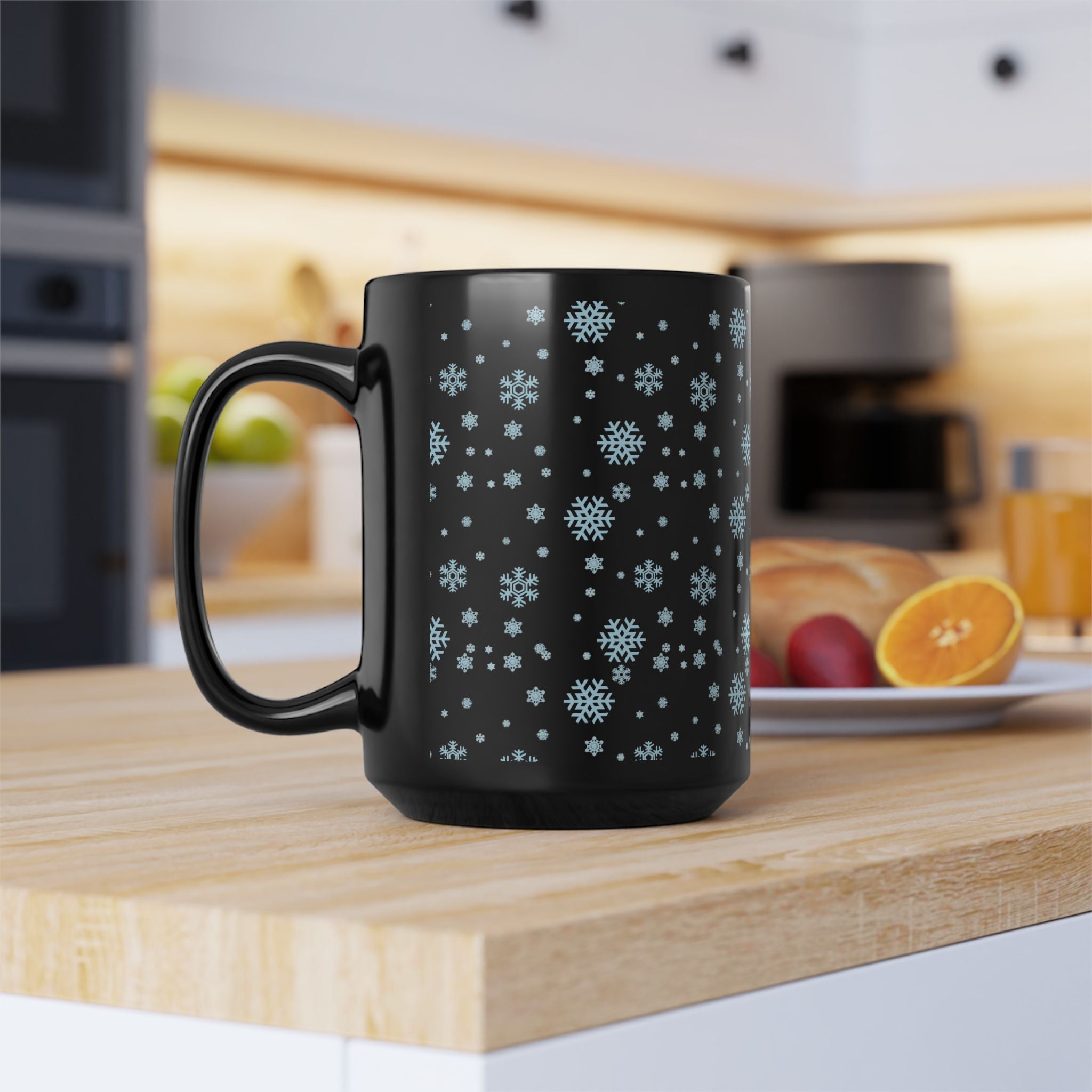 15oz Black Mug with Cozy Snowflake Design